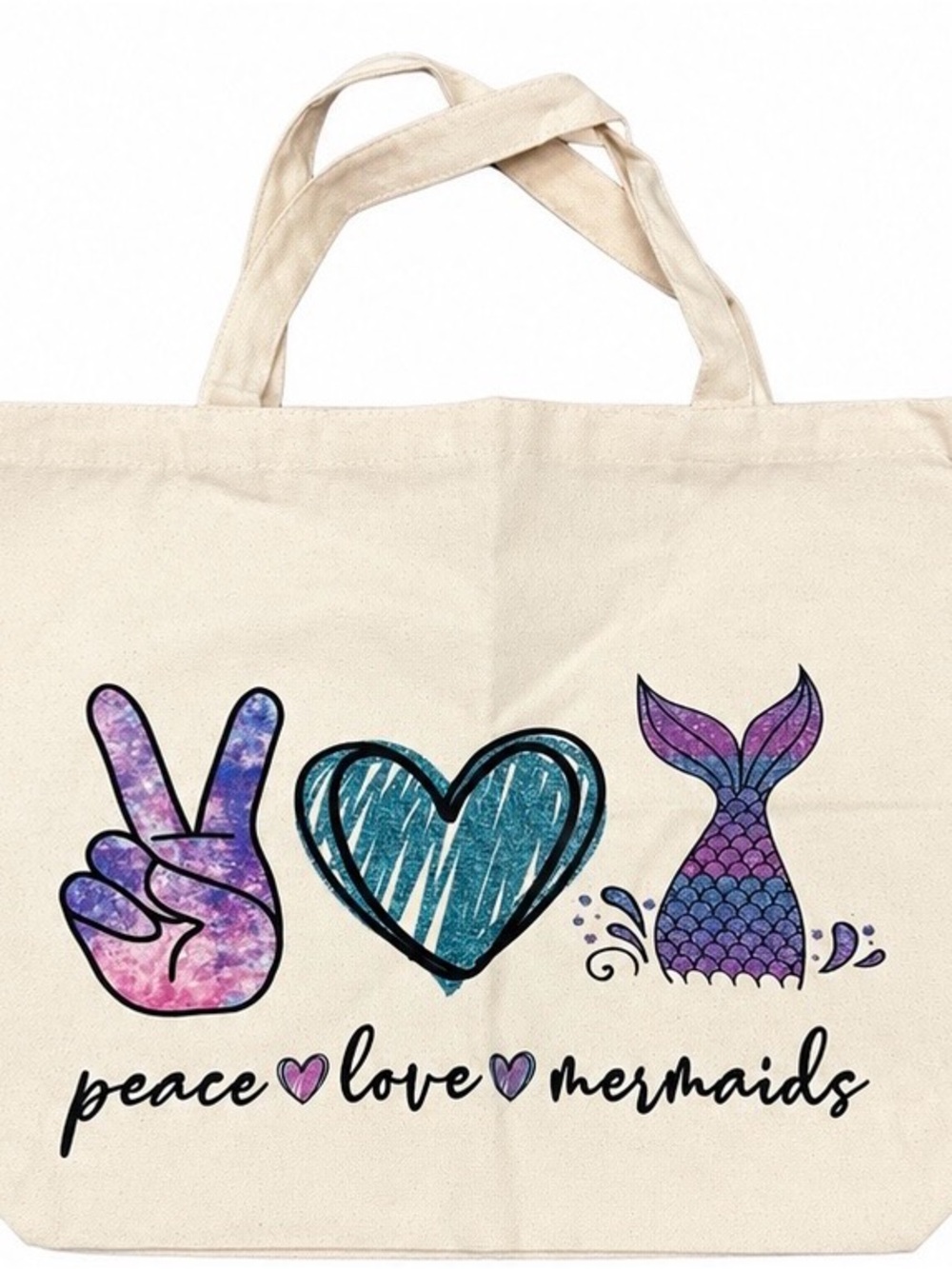 Peace Love Mermaids Canvas Tote - Purple Teal Design